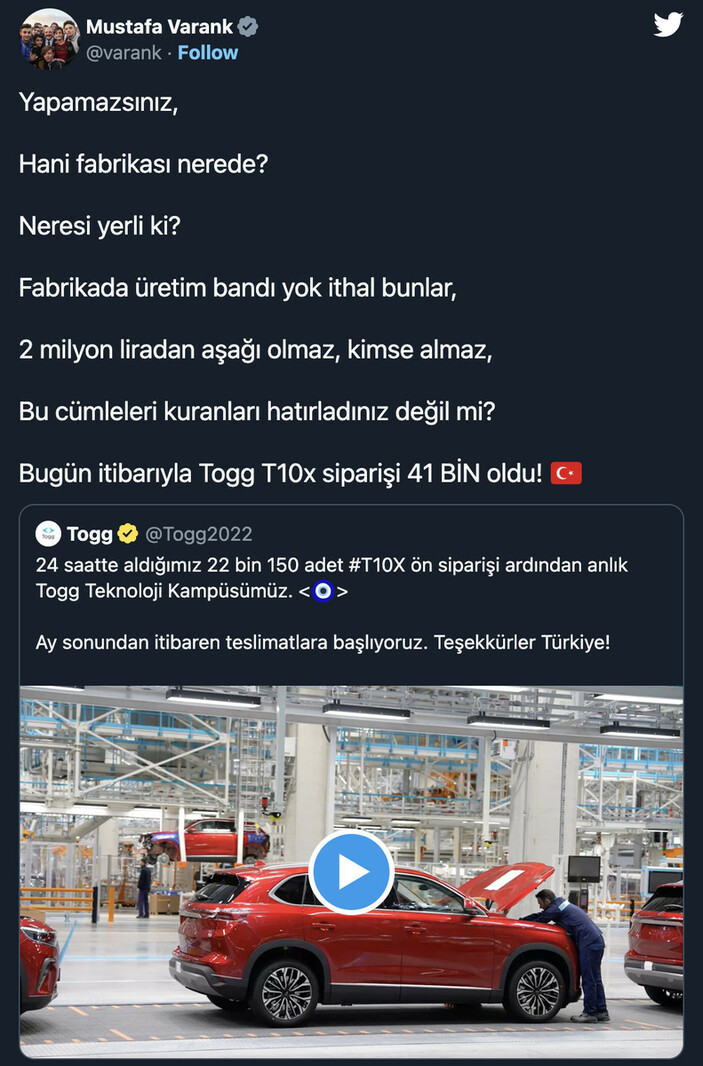 Bakan Varank duyurdu! Togg T10x siparişi 41 bine ulaştı