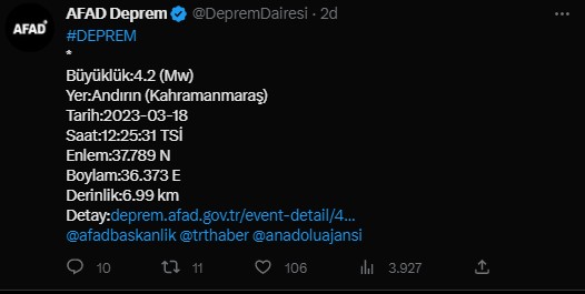 Kahramanmaraş'ta 4.2 büyüklüğünde deprem oldu