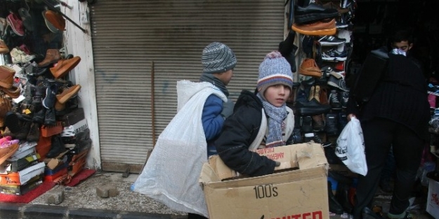 Suriyeli Çocuklar Sobada Yakmak İçin Karton Topluyor