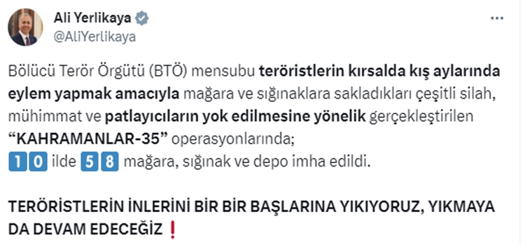 Terörle Mücadelede Büyük Darbe: 58 Mağara ve Sığınak Yok Edildi