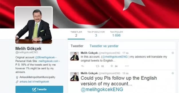 Melih Gökçek artık İngilizce tweetler de atacak