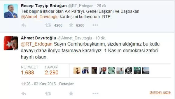 Erdoğan ve Davutoğlu  twitter'da mesajaştı