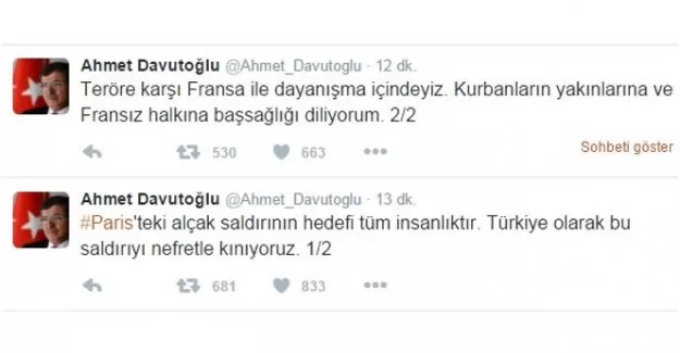 Başbakan Ahmet Davutoğlu Paris'teki saldırıyı kınadı