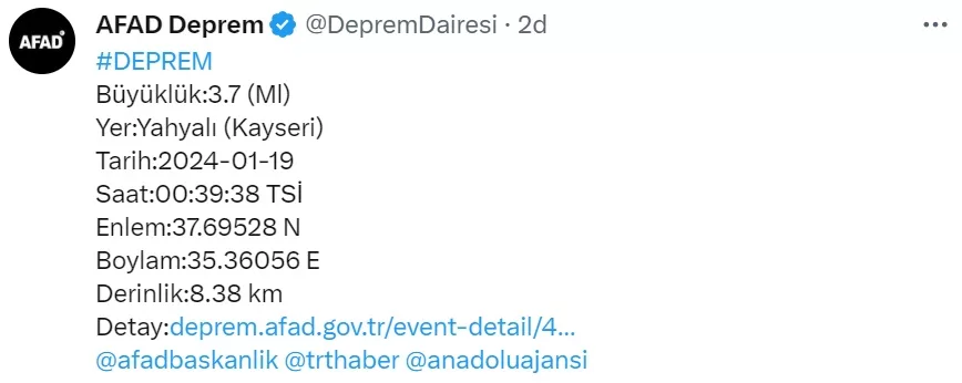 Kayseri'de deprem! 19 Ocak 2024 son depremler nerede oldu?