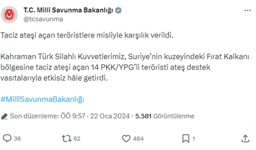 TSK PKK/YPG'li Teröristlere Karşılık Verdi: 14 Terörist Etkisiz Hale Getirildi