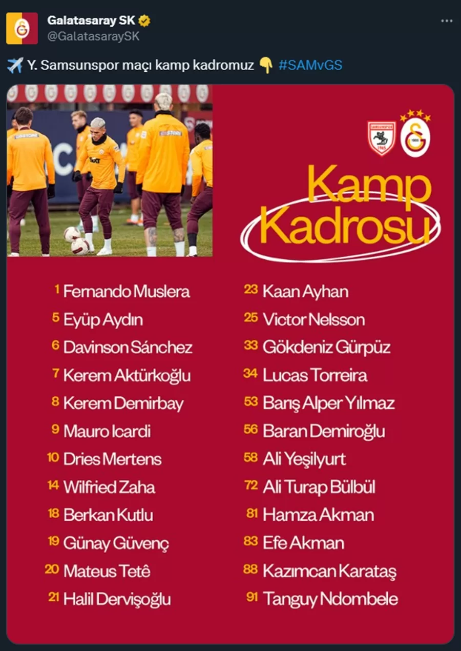 Galatasaray Samsunspor Maçının Kafilesini Açıkladı