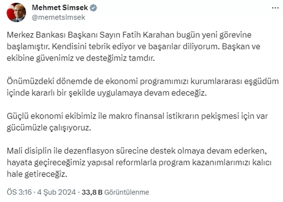 Mehmet Şimşek'ten Fatih Karahan'a Tam Destek