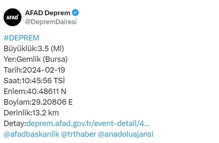 İstanbul ve Bursa'da deprem oldu! Şiddeti kaç? 19 Şubat son depremler