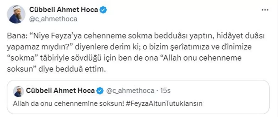 Cübbeli Ahmet Hoca Feyza Altun'a Beddua Etti