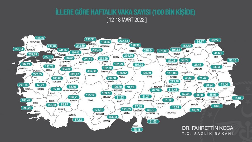 İllere göre haftalık corona virüsü vaka sayısı haritası açıklandı