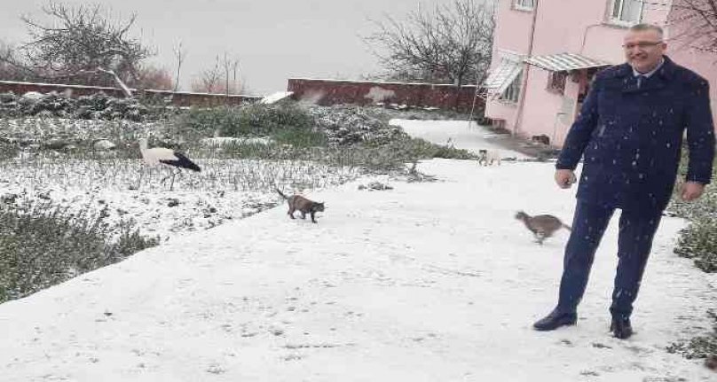 Yaren Leylek karla tanıştı, soluğu dostunun yanında aldı