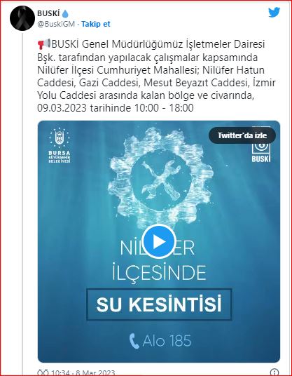 BUSKİ duyurdu: Nilüfer'de su kesintisi