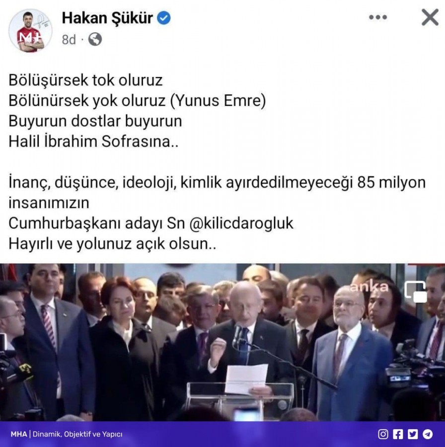 Hakan Şükür'den Cumhurbaşkanı adayı Kılıçdaroğlu'na destek