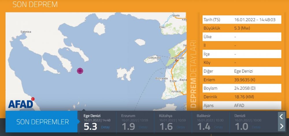 Ege Denizi açıklarında 5,3 büyüklüğünde deprem