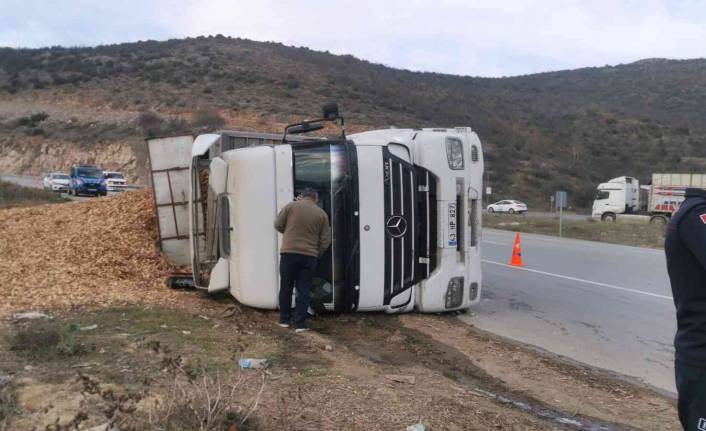 Bursa'da talaş yüklü TIR devrildi