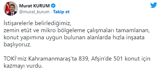 Bakan Kurum duyurdu! Pazarcık ve Afşin'de ilk kazma vuruldu