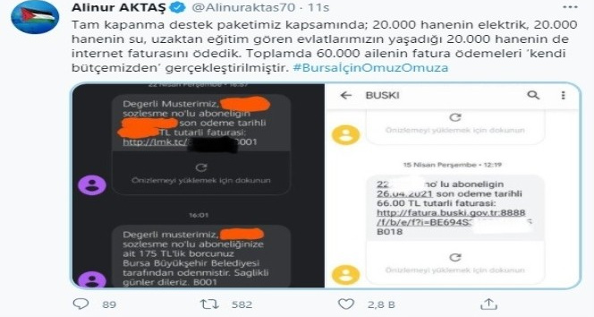 Bursa Büyükşehir Belediyesi'nden 60 bin haneye fatura desteği