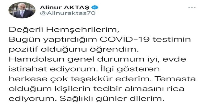 Bursa Büyükşehir Belediye Başkanı Alinur Aktaş'ın korona virüs testi pozitif çıktı