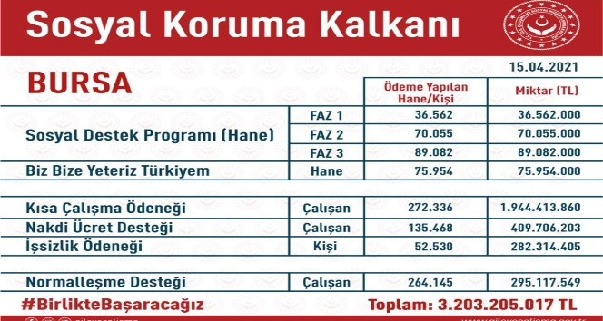 Sosyal Koruma Kalkanı kapsamında Bursa'ya 3 milyar 203 milyon liralık destek!