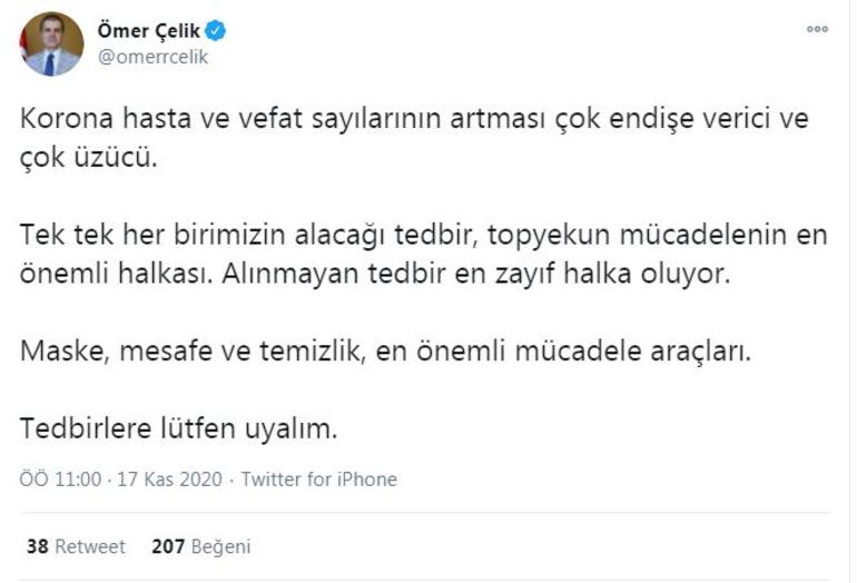 AK Parti'li Çelik: "Koronavirüs hasta ve vefat sayılarının artması endişe verici"