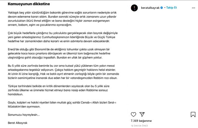 Albayrak, Hazine ve Maliye Bakanlığı görevinden istifa ettiğini Instagram'dan duyurdu