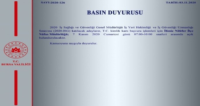 Bursa'da Nilüfer İlçe Nüfus Müdürlüğü cumartesi sabahı açık olacak