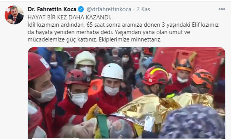 Bakan Koca'dan Elif paylaşımı! Hayat bir kez daha kazandı