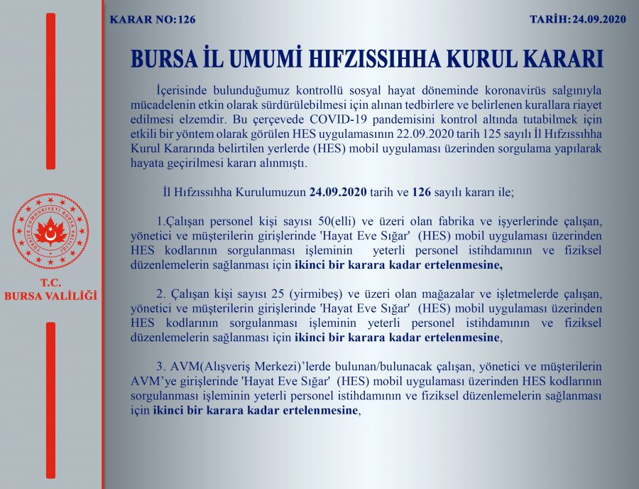 Bursa Valiliği'nden çok önemli 'HES kodu' kararı!