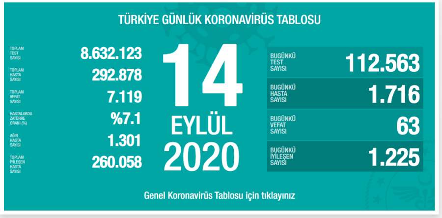 Türkiye'de son 24 saatte 1716 yeni vaka!