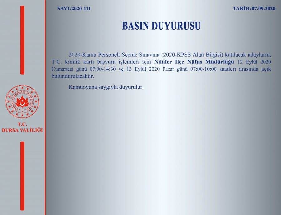 Bursa Valiliği açıkladı: Nilüfer İlçe Nüfus Müdürlüğü cumartesi açık olacak