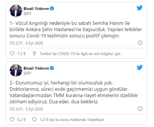 Binali Yıldırım koronavirüse yakalandı!