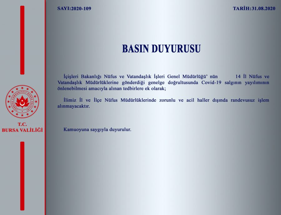 Bursa Valiliği açıkladı! Randevusuz işlem yapılmayacak