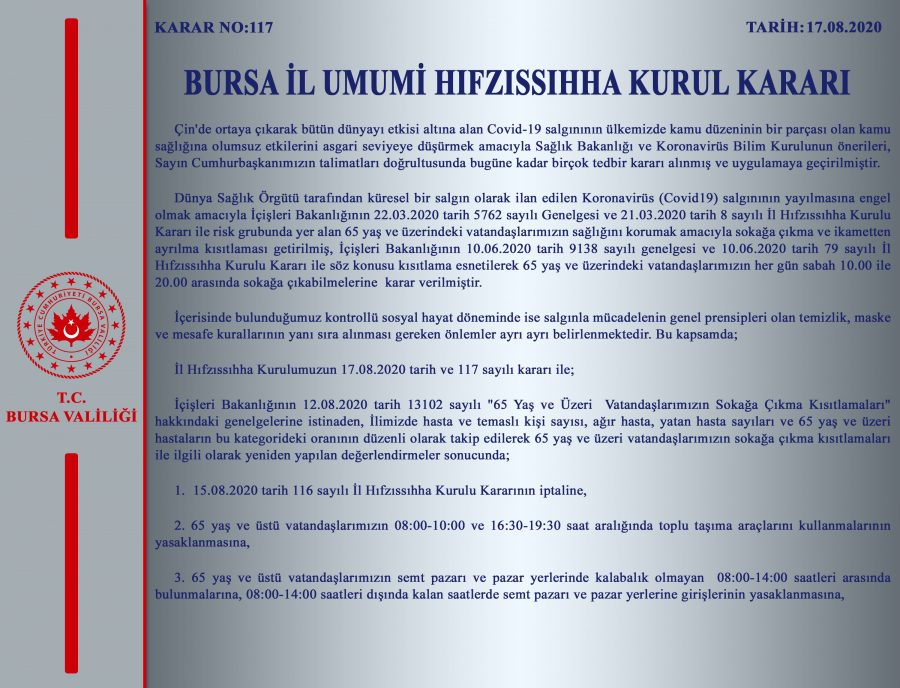 Bursa Valiliği'nden 65 yaş üstü için yeni kararlar!