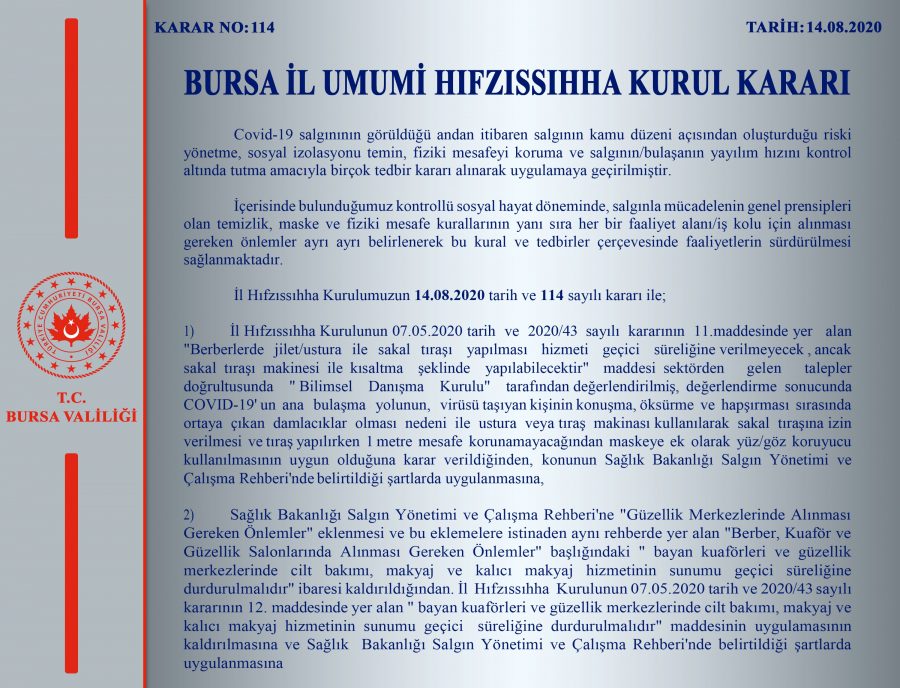 Bursa Valiliği açıkladı! İl Hıfzıssıhha Kurulu...