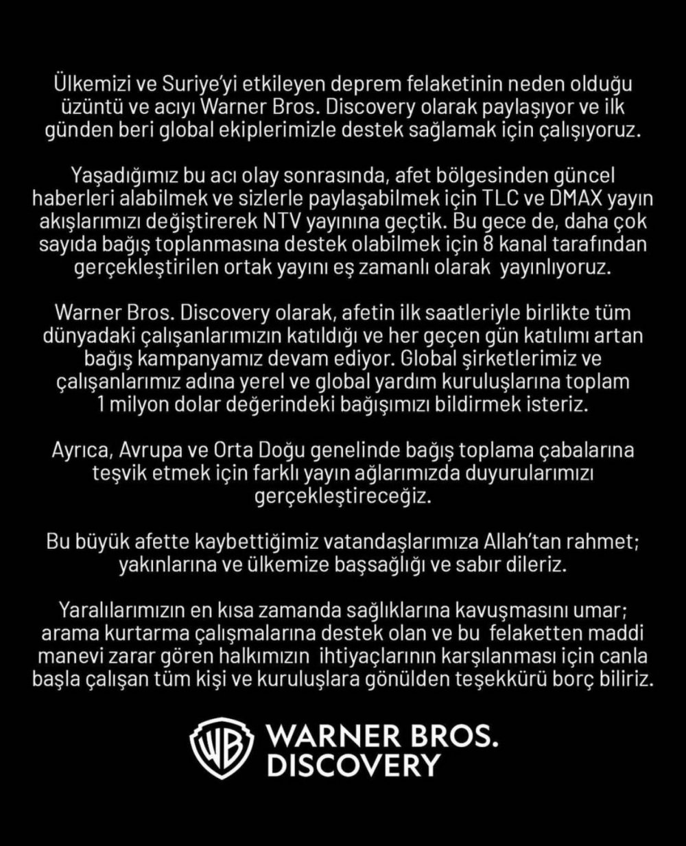 Warner Bros'tan depremzedelere 1 milyon dolarlık yardım