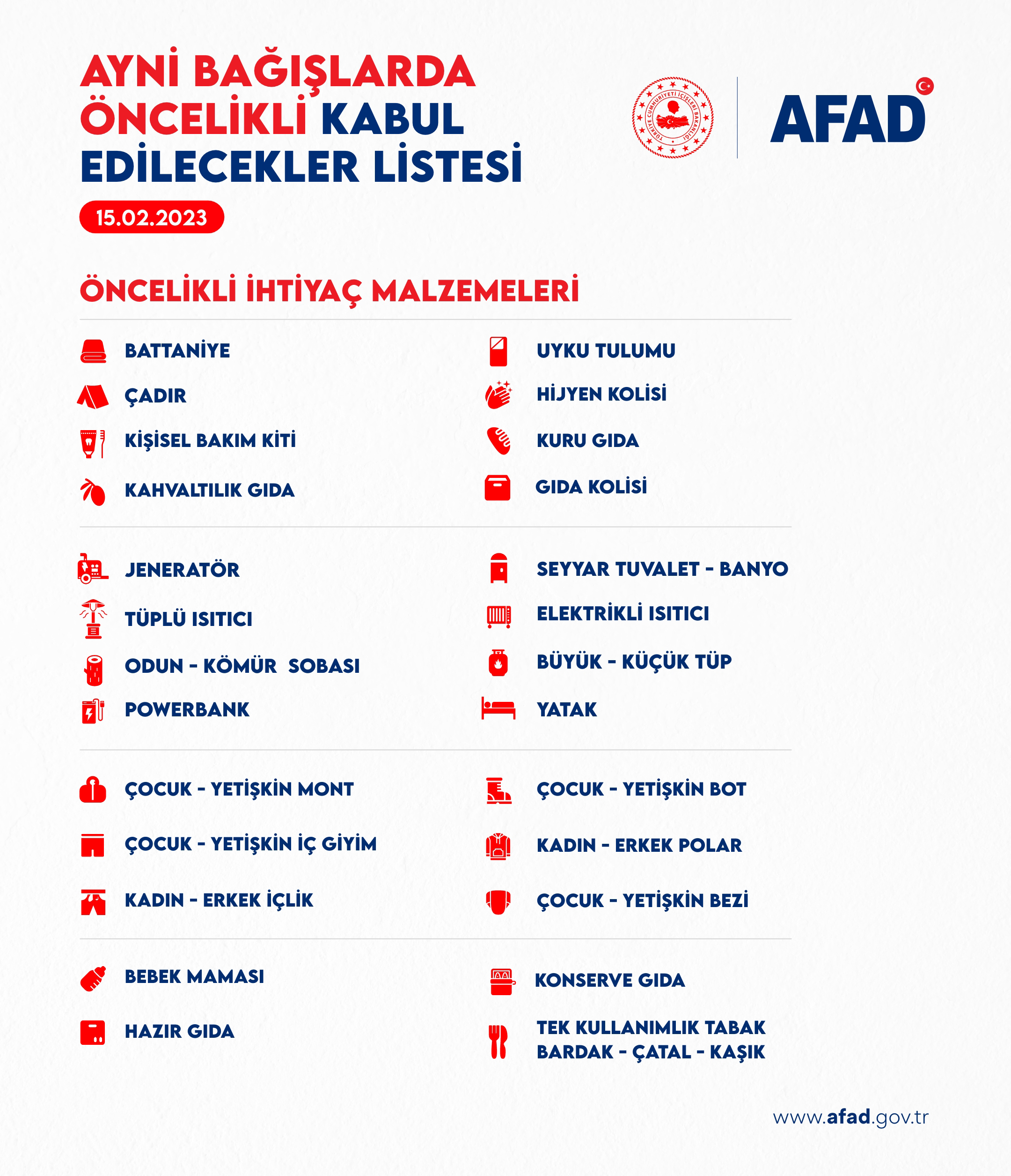 AFAD, deprem bölgeleri için güncel ihtiyaç listesi yayımladı