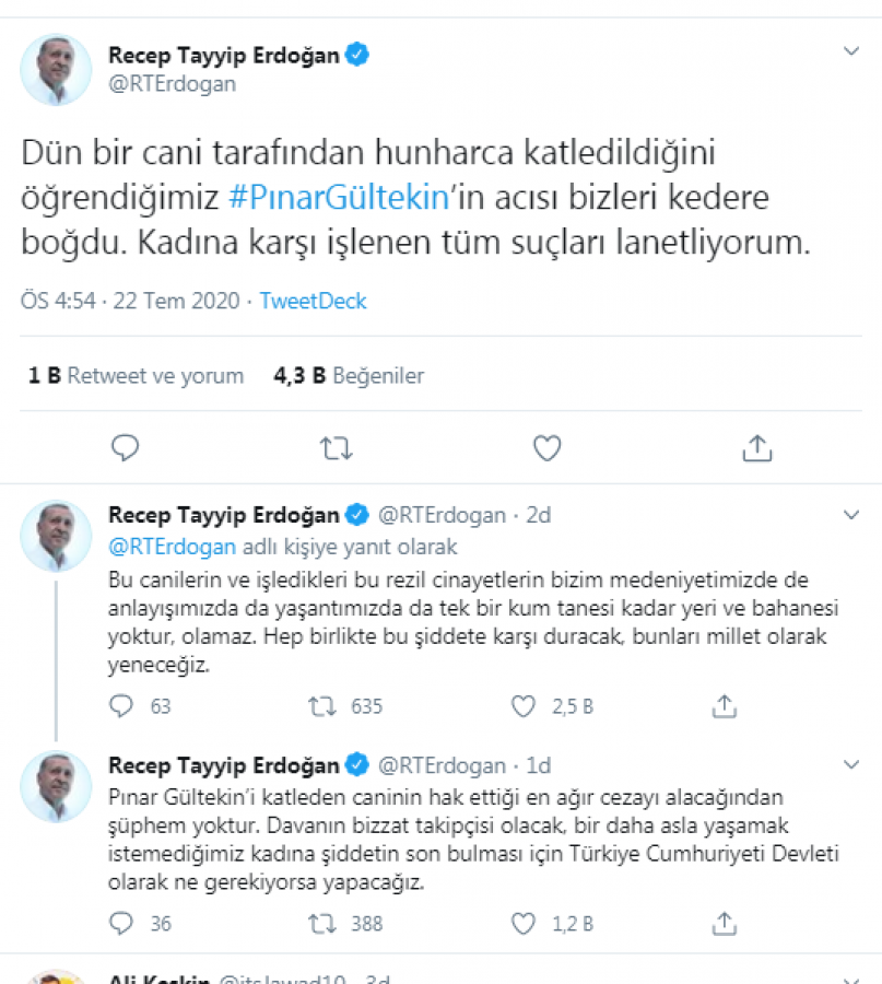 Cumhurbaşkanı Erdoğan'dan Pınar Gültekin paylaşımı