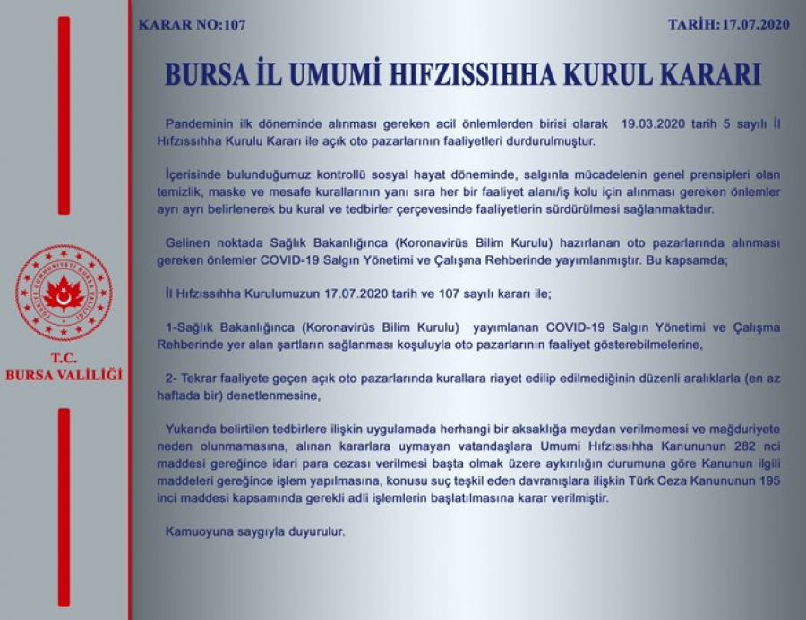 Bursa Valiliği duyurdu! Oto pazarları...