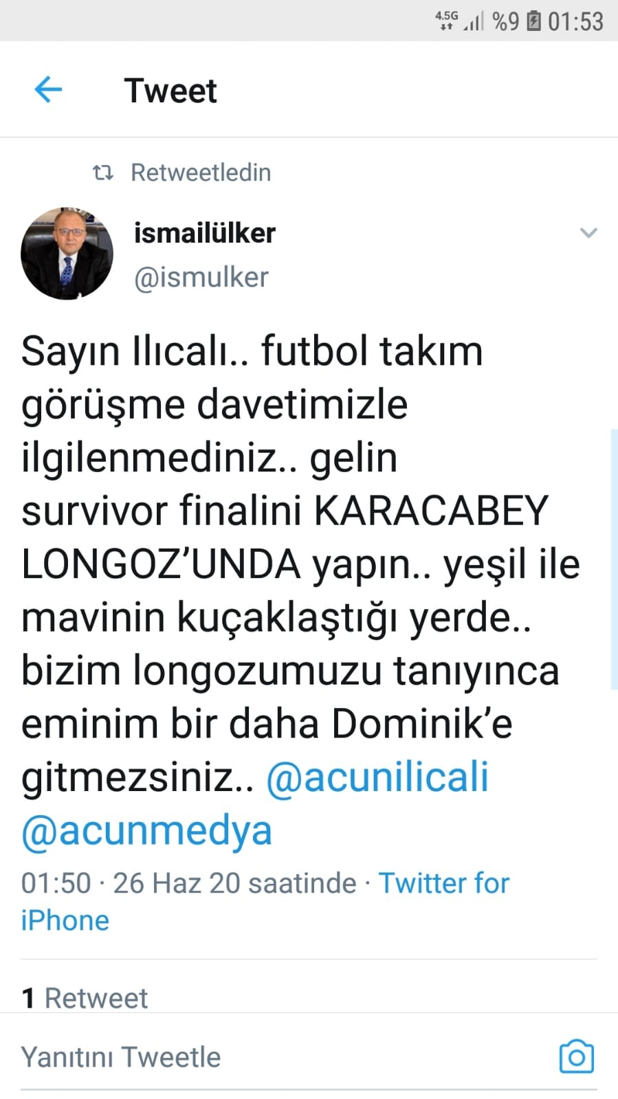 Karacabey Belediyespor Başkanı Ülker’den, Acun Ilıcalı'ya yeni teklif