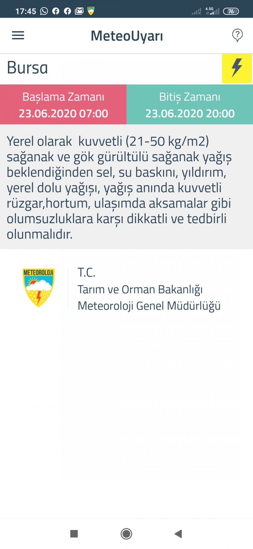 Bursa için meteorolojiden yarın da 'sarı' uyarı geldi