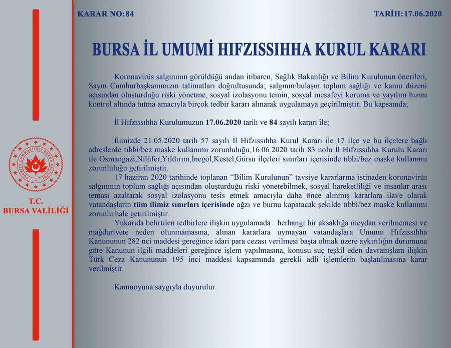 Bursa il sınırları içerisinde maske kullanımı zorunlu hale getirildi!