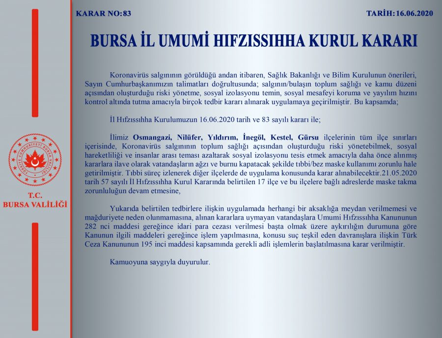 Bursa'da maske kullanımı zorunlu oldu!