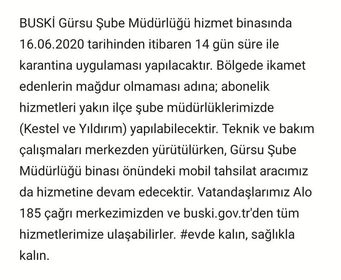 Bursa'da BUSKİ Gürsu şubesi karantinaya alındı!