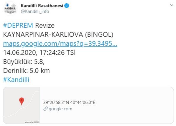 Bingöl'de 5.8 büyüklüğünde deprem