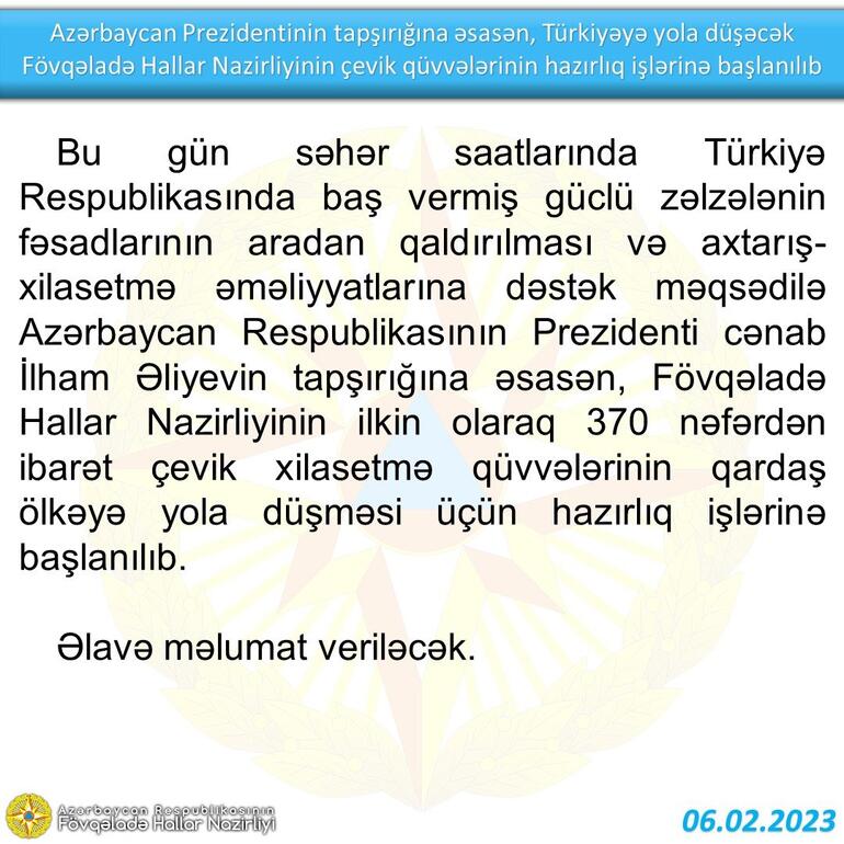 Azerbaycan 370 kişilik yardım ekibi gönderiyor