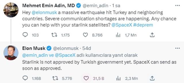 Elon Musk : Türk hükümeti onay verirse Starlink uydularını göndeririz