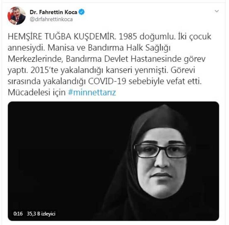 Bakan Koca'dan, 'Tuğba hemşire' paylaşımı: Minnetarız