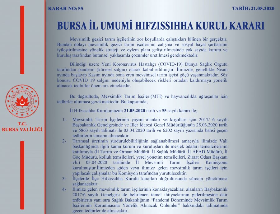 Bursa Valiliği yeni İl Hıfzıssıhha Kurul Kararlarını açıkladı