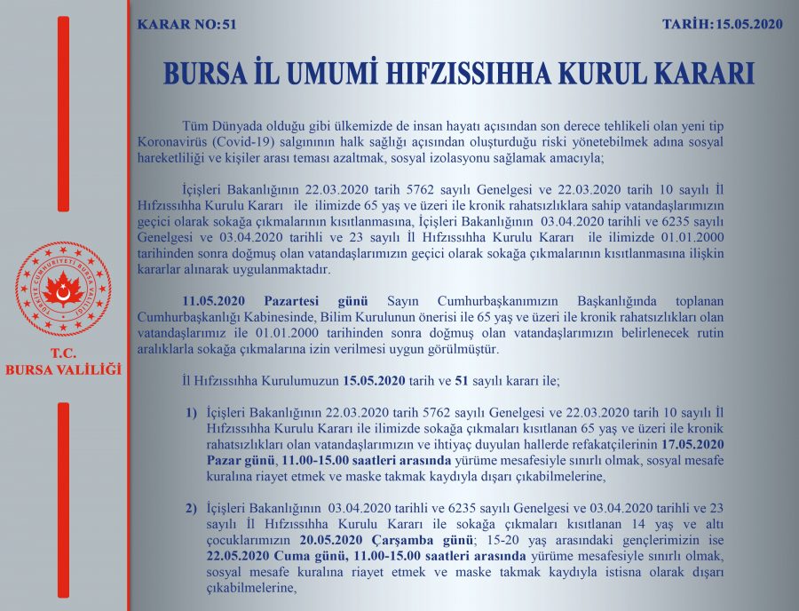 Bursa Valiliği duyurdu: Maske takarak dışarı çıkabilirler