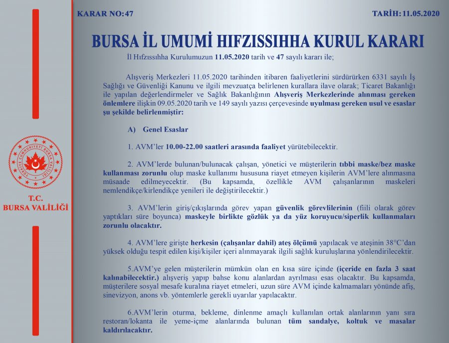 Bursa Valiliği AVM'lerde alınması gereken önlemleri açıkladı!